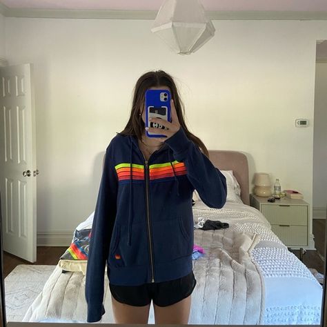 Aviator Nation Zip Up- Navy/Neon Rainbow Purple Aviator Nation, Aviator Nation Zip Up, Aviator Nation Jacket Outfit, Aviator Nation Outfit, Aviator Nation Jacket, Preppy Jacket, Aviation Nation, Aesthetic Fonts, Preppy Clothes