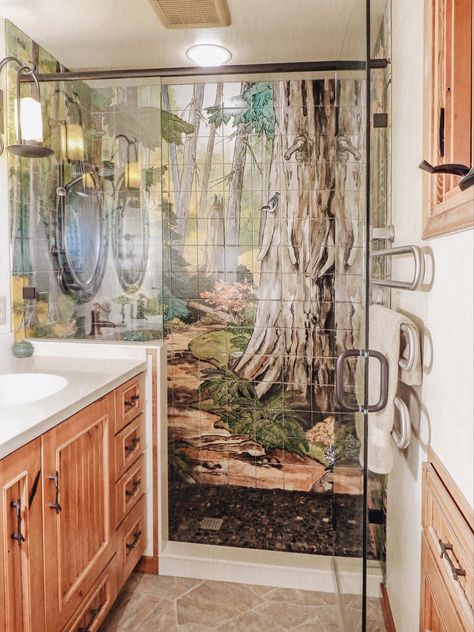 This small walk-in shower is made to appear much larger with a forest scene that surrounds you. Mural Bathroom, Mosaic Shower Tile, Coastal Bathroom Design, Custom Mosaic Tile, Parisian Decor, Bathroom Accent Wall, Shower Box, Decorative Wall Tiles, Beach Theme Bathroom