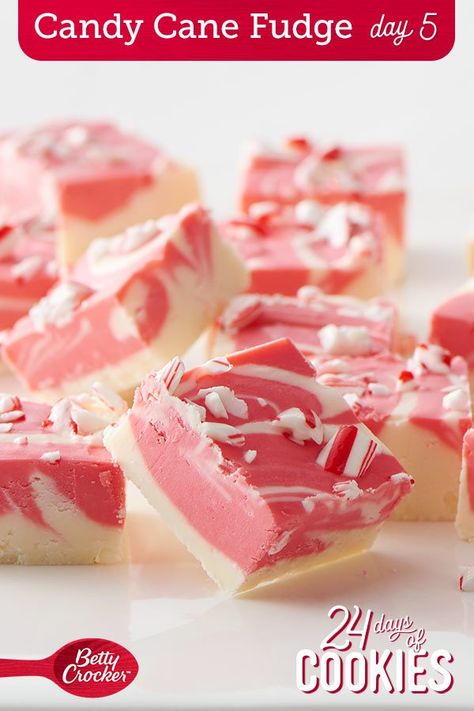 Soft, sweet and perfectly pepperminty, this ultra-easy and eye-catching fudge will be voted the most likely to steal the show on your holiday cookie tray. To easily crush peppermint candy canes, place unwrapped candy canes in resealable food-storage plastic bag; seal, and use rolling pin to coarsely crush. Expert tip: Microwave ovens vary, so carefully watch to avoid burning or overcooking the fudge mixture. Candy Cane Fudge, Fudge Christmas, Fudge Dessert, Christmas Candies, Timeless Christmas, Fudge Recipes, Betty Crocker, Holiday Cookies, Holiday Baking