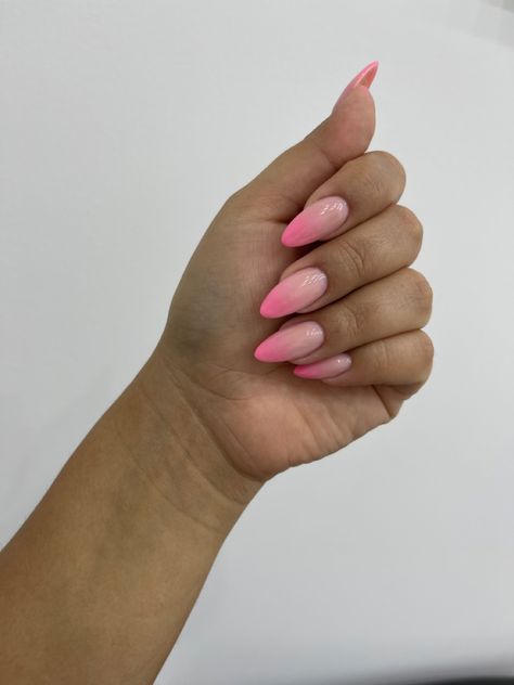 Pink ombré nails with long almond shaped nails Pink Boomer Nails, Baby Bomernails Color, Pink Ombre Almond Nails, Pink Baby Boomer Nails, Baby Boomer Nails Color, Ombré Nails Pink, Ombré Almond Nails, Ballerina Shaped Nails, Nails Pink Almond