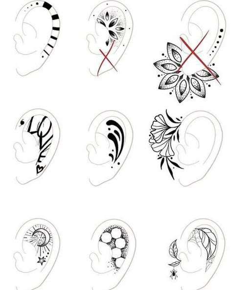 Ear Tattoo Geometric, Mandala Ear Tattoo Design, Decorative Ear Tattoo, Dot Work Ear Tattoo, Flower Ear Tattoo, Ear Tattoos Women, Hand Tattoos Designs, Tattoo Oreille, Cool Tattoos With Meaning