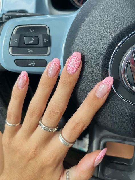 simple halloween october nail ideas pink Pink Spiderweb Nails Acrylic, Heart Shaped Spider Web Nails, Spidergwen Nail Art, Cute Spider Nails, Heart Web Nails, Heart Spider Web Nails, Pink Spiderweb Nails, Pink Spider Nails, Spider Web Nail Design