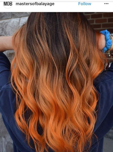 Brown And Orange Balayage, Brown And Orange Ombre Hair, Dark Orange Ombre Hair, Brown Orange Ombre Hair, Orange And Yellow Ombre Hair, Orange To Yellow Ombre Hair, Orange Ombre Hair, Cheveux Oranges, Hair Color Orange