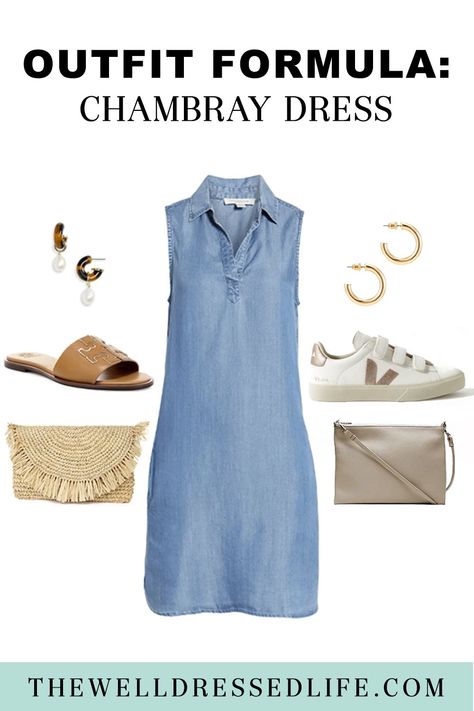 Sleeveless Chambray Dress Outfit, Chambray Dress Outfit Summer, Polished Casual Outfits Summer, Styling A Shirt Dress, Jean Dress Outfit Summer, How To Style A Denim Dress, 2024 Summer Outfits, Belted Skirt Outfits, Croatia Style