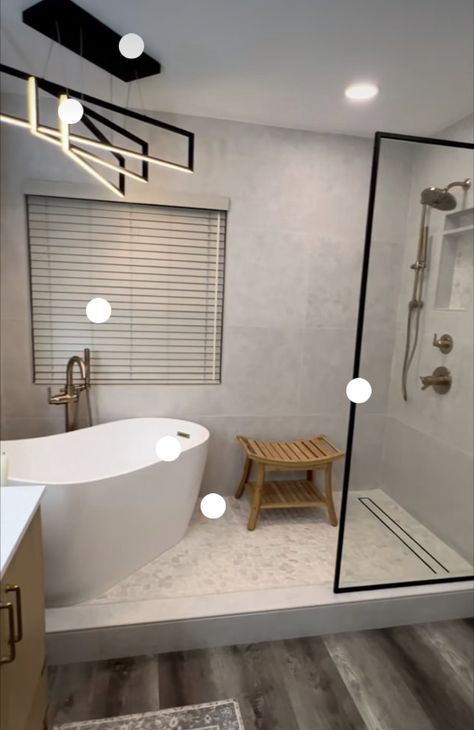 Shower With Separate Tub Master Bath, Walk In Shower No Door With Tub, Soaker Tub And Shower Combo, Wet Room Shower And Tub, Long Narrow Master Bath Layout, Walk In Shower Tub Combo, Bathroom With Large Tub, Large Bathroom Ideas Master Suite, Tub Inside Shower Layout