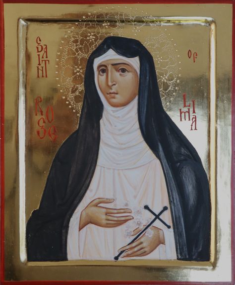 An icon of St Rose of Lima, partly influenced by facial reconstruction work. By Ian Knowles Saint Rose Of Lima, Women Saints, Rose Of Lima, St Rose Of Lima, Facial Reconstruction, Kalki Avatar, S Icon, Avatar, Facial