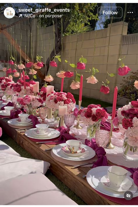 Hot Pink Dinner Party, Pink Tea Party Bridal Shower Ideas, Aesthetic Party Decor, Aesthetic Garden Party, Garden Gala, Picnic Party Decorations, 21 Diner, Aesthetic Party, Bridal Shower Inspo