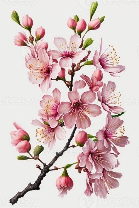 Cherry Blossom Botanical Illustration, Cherry Flower Drawing, Cherry Blossom Branch Painting, Sakura Flower Drawing, Sakura Illustration, Flower On White Background, Cherry Blossom Drawing, Sakura Painting, Flower Sakura