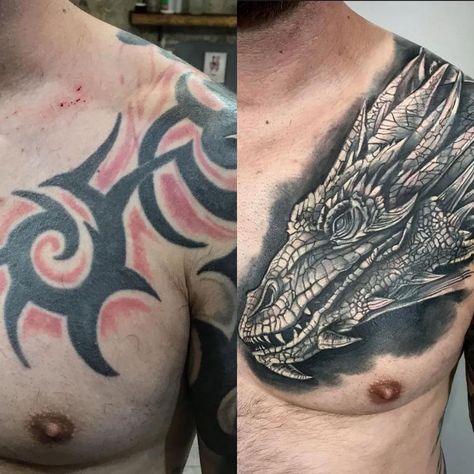 Chest Piece Tattoos Cover Up, Cover Up Big Tattoo, Large Cover Up Tattoo For Men, Cover Tattoo Before And After, Tattoo Cover Up Before And After, Chest Cover Up Tattoos Men, Big Tattoo Cover Up Ideas, Large Tattoo Cover Ups, Chest Cover Up Tattoo