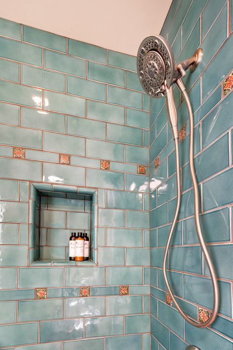 Mediterranean Townhome - Mediterranean - Bathroom - San Francisco - by Carolyn Woods Design Inc. | Houzz Turquoise Bathroom Decor Ideas, Turquoise Glass Tile Bathroom, Southwest Master Bath, Aqua Tile Bathroom Ideas, Santorini Inspired Bathroom, Sea Inspired Bathroom, Blue And Terracotta Bathroom, Greek Inspired Bathroom, Turquoise Bathroom Ideas