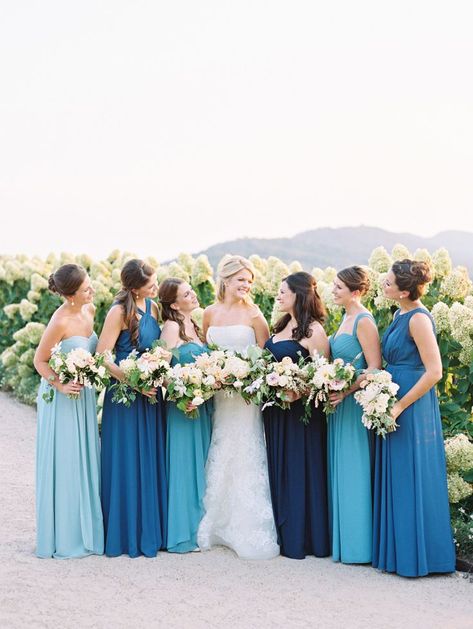 Bridesmaids in Shades of Blue // ombre, wedding party, summer, outdoor, wedding Pippin Hill Wedding, Spring Wedding Color Palette, French Country Wedding, Ombre Wedding, Spring Wedding Colors, Summer Wedding Outdoor, Summer Wedding Dress, Wedding Themes, Wedding Attire