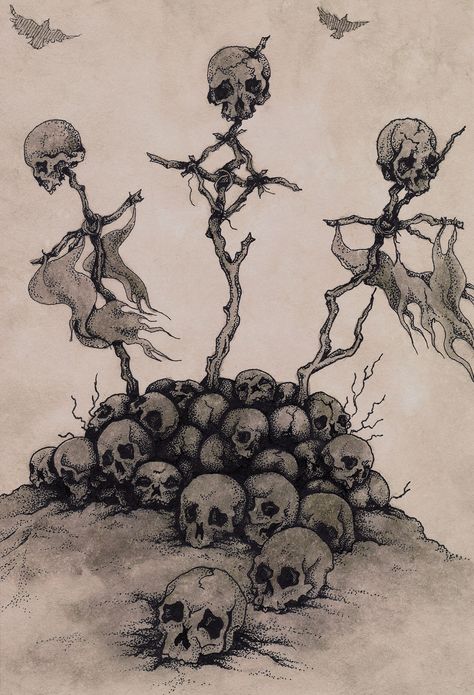 "Conquest" - Original Artwork by Rebecca Magar - Pen & Ink with Acrylic Wash on Paper. This drawing depicts a pile of skulls with three shrewdly-made celtic crosses topped by more skulls. Bone Drawing, Name Drawings, Horror Drawing, Skeleton Drawings, Tree Drawings Pencil, Heavy Metal Art, Skulls Drawing, Dark Art Tattoo, Skeleton Art