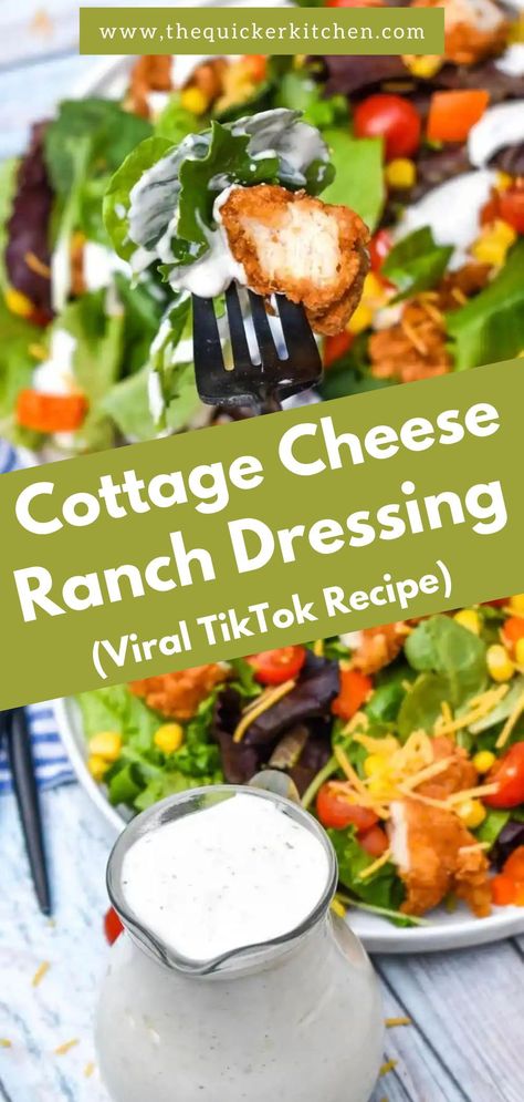 Cottage cheese ranch dressing is the latest viral TikTok recipe and creates a thick, creamy, protein packed dressing. It’s a delicious and healthy alternative to dip or bottled dressing. Save this perfect busy weeknight recipe at thequickerkitchen.com. Cottage Cheese Ranch Dressing Recipe, Goat Cheese Ranch Dressing, Ranch Dressing With Cottage Cheese, Blended Cottage Cheese Dip Recipes, Ranch Dressing Made With Cottage Cheese, Cottage Cheese Caesar Dressing, Cottage Cheese Dressing Recipe, Cottage Cheese Salad Dressing, Cottage Cheese Dressing