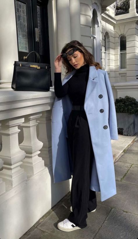 Sky Blue Winter Outfit, Light Blue Wool Coat Outfit, Blue Pea Coat Outfit, Blue Long Coat Outfit, Purple Trench Coat Outfit, Russian Outfit Women, Light Blue Trench Coat Outfit, Blue Coat Outfits For Women, Baby Blue Coat Outfit