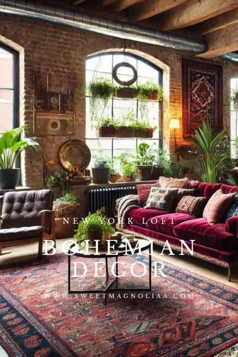 Boho Loft, Boho Space, New York Loft, Colorful Tapestry, Exposed Brick Walls, Layered Rugs, Wooden Dining Tables, Architectural Features, Exposed Brick