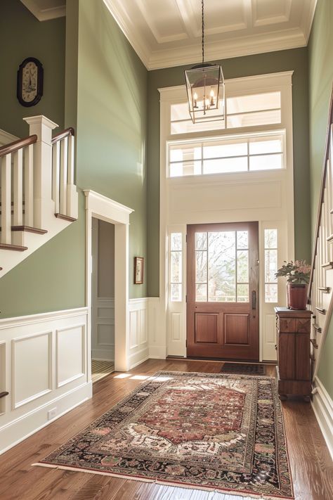 sage-green-entryway Sage Green Wall Design, Green Paint White Trim, Sage Entryway Walls, Hallway Sage Green, Stone Colour Hallway, Entrance Wall Color Ideas, Olive Green Entryway, Sage Entryway, Olive Green Hallway