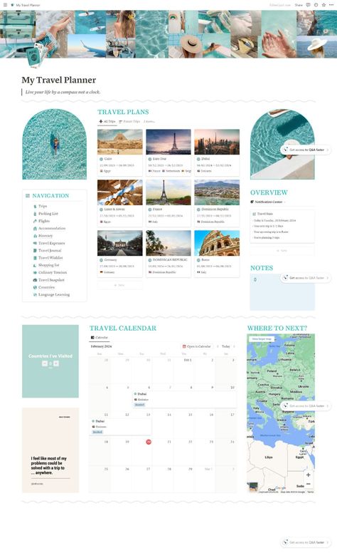 Notion Travel Planner Notion Vacation Template, Travel Itinerary Aesthetic, Notion Template Ideas Travel, Travel Planning Aesthetic, Travel Notion Cover, Notion Trip Planner, Notion Itinerary, Notion Ideas Aesthetic, Aesthetic Itinerary