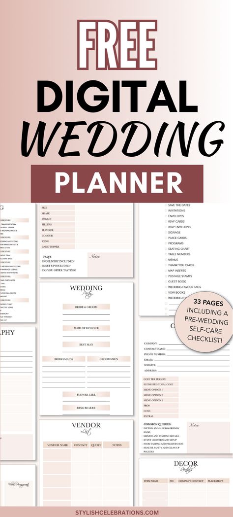 Free Digital Wedding Planner Printable Wedding Event Planner Checklist, Wedding Planning Guide Printable Free, Simple Wedding Checklist Printable, Wedding Planner Checklist Free Printable, Wedding Planning List Free Printable, Wedding Planning Templates Free, Wedding Day Binder Printables Free, Wedding Planning Worksheets, Free Wedding Planner Printables Pdf