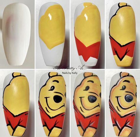 Pooh Nail Designs, Pooh Bear Nails, Winnie The Pooh Nail Art, Pooh Nail Art, Nail Doodles, Nail Steps, Winnie The Pooh Nails, Pooh Nails, Nail Art Dessin