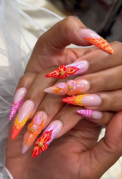 Acrylic Nail Designs Coffin, Cruise Nails, August Nails, Hippie Nails, Exotic Nails, Nails Only, Rose Orange, Gem Nails, Art Summer