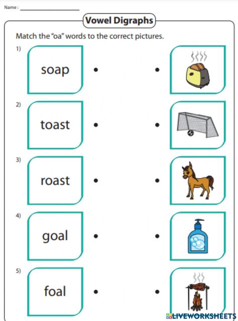 Jolly Phonics Level 2 Worksheets, Oa Digraph Worksheets, Oa Sound Words With Pictures, Oa Phonics Worksheet, Oa Sound Worksheets, Oa Words Worksheet, Og Phonics, Ukg Worksheet, Oa Words