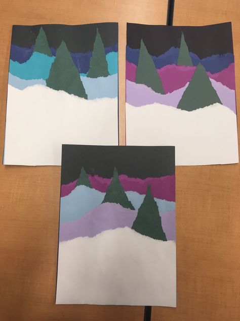 Torn paper winter tree landscapes Torn Paper Art, First Grade Crafts, Elementary Art Lesson Plans, Crafts Winter, Art Docent, Pine Tree Art, Xmas 2024, Paper Collage Art, Winter Tree