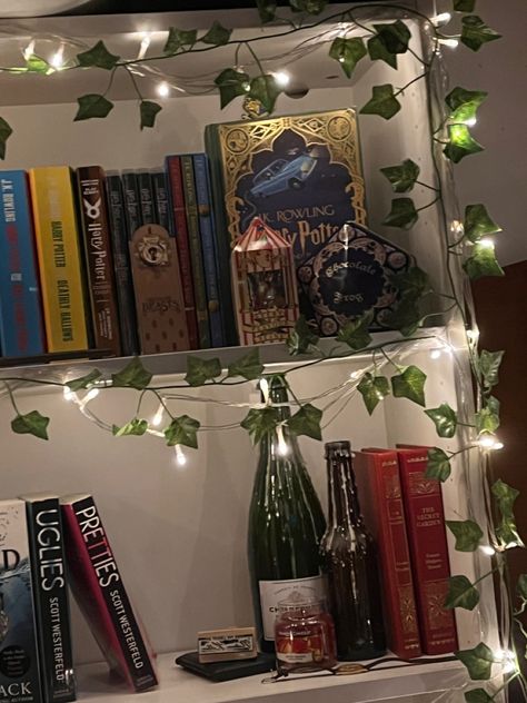 Vines On Bookshelf, Fairy Lights Bookshelf, Bookshelf With Fairy Lights, Ivy Bookshelf Light, Fairy Lights Bookshelf Bookcases, Bookshelf Fairy Lights, Bookish Crafts, Aesthetic Bookshelf, Wine Leaves