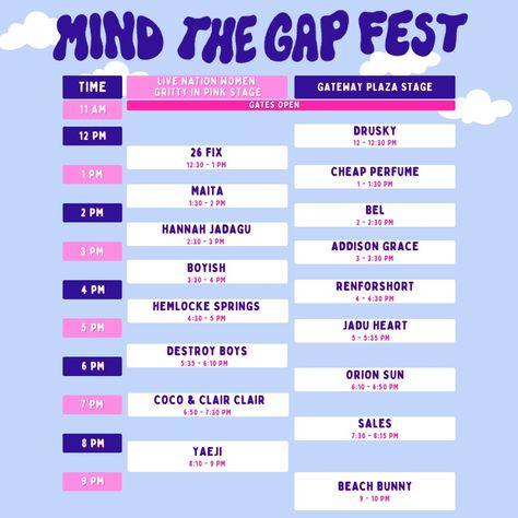 🌟🎸 FESTIVAL SCHEDULE UPDATE!! 🎵💫⁠ ⁠ Ticket prices go up day of so make sure to get your tickets before Saturday morning at www.mindthegap.fest.com #mindthegapfestival #lineupschedule Graphic Design Schedule, Timetable Design, Festival Schedule, Booklet Layout, Cheap Perfume, Time Schedule, Mind The Gap, Group Work, Music Film