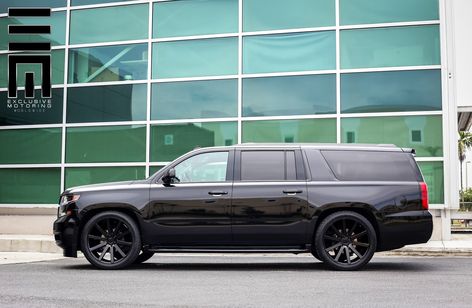 All Black Chevy Suburban on Custom Wheels by Exclusive Motoring Chevy Suburban Custom, Custom Suburban, Black Tahoe, Murdered Out, Silverado Truck, Dropped Trucks, Yukon Denali, Future Cars, Low Life