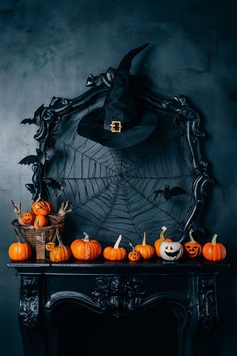 Spider Web Wreath Diy, Halloween Meringue, Handmade Halloween Costumes, Halloween Mantle Decor, Halloween Fireplace, Spooky Aesthetic, Halloween Bar, Classy Halloween, Halloween Mantle