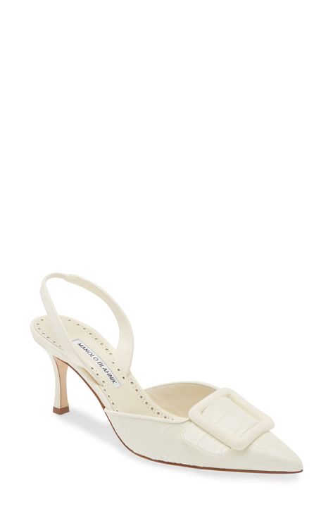 Manolo Blahnik Mayslibi Pointed Toe Croc Embossed Slingback Pump available at #Nordstrom Manolo Blahnik Slingback, Slingback Pump, Manolo Blahnik, Cream White, Women's Pumps, Designer Shoes, Calf Skin, Leather Straps, Fashion Shoes