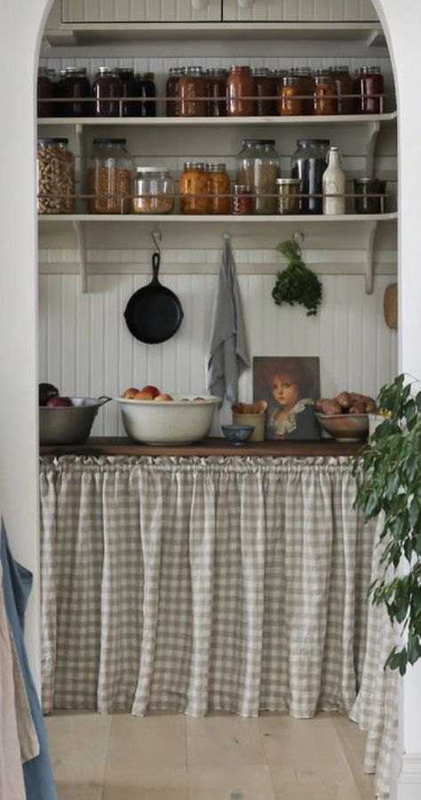 Pantry Curtain, Building Cabinet Doors, Cabinet Curtains, Cottage Curtains, French Home, Cottage Kitchens, Diy Cabinets, Wooden Cabinets, Cottage Kitchen