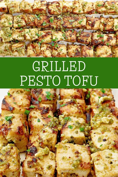 Grilled Pesto Tofu ~ Easy recipe for extra firm tofu marinated in Homemade Basil Pesto and grilled to perfection! Vegetarian and Vegan. via @thiswifecooks Pesto Tofu, Homemade Basil Pesto, Light Summer Meals, Vegan Christmas Recipes, Grilled Tofu, Vegan Parmesan Cheese, Firm Tofu, Marinated Tofu, Vegan Thanksgiving Recipes