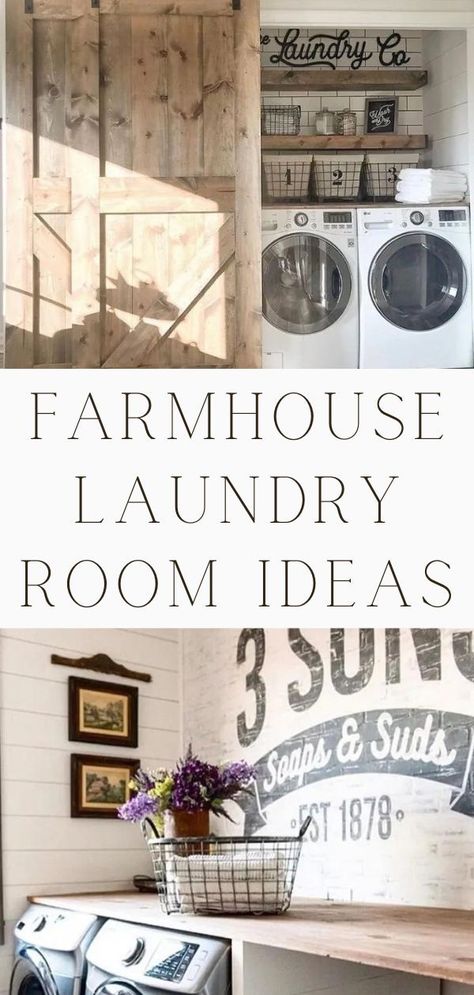 10 of the best, beautiful and clever farmhouse laundry room designs that will inspire you. These DIY inspired washroom decorations work well for small or large spaces. With vintage, modern, rustic, fixer upper, country, and shabby chic vibes there is a little for everyone. Fun signs, shelves for organization, ideas and more. So grab some paint, clothespins, tile and your tools to transform your laundry. And be inspired with a dutch and barn door too. Vintage laundry room ideas. Laundry Signs Diy, Laundry Room Ideas Farmhouse, Shelves Laundry Room, Farmhouse Laundry Room Ideas, Modern Farmhouse Laundry Room, Laundry Room Designs, Country Laundry Rooms, Vintage Laundry Room Decor, Laundry Room Paint