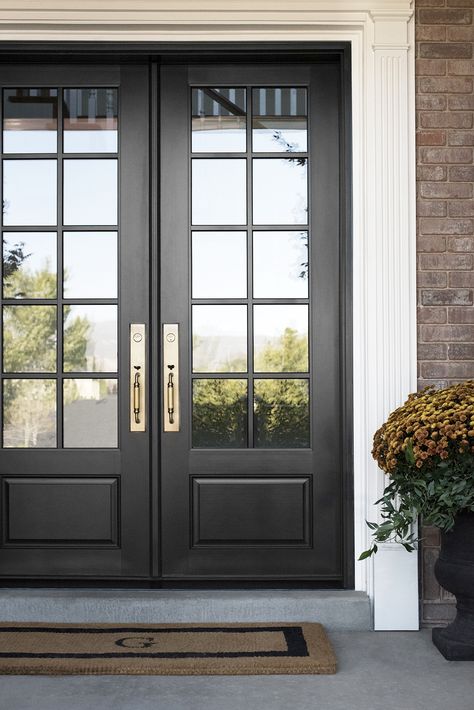 10 Home Updates That Actually Pay Off & Add Value - Room for Tuesday Reflective Glass Front Door, Reflective Glass On Front Door, Black Double Entry Doors, Black Front Double Door, Reflective Glass Window, Front Door Privacy Ideas, Privacy Glass Front Door, Black Double Front Door, Black Double Doors