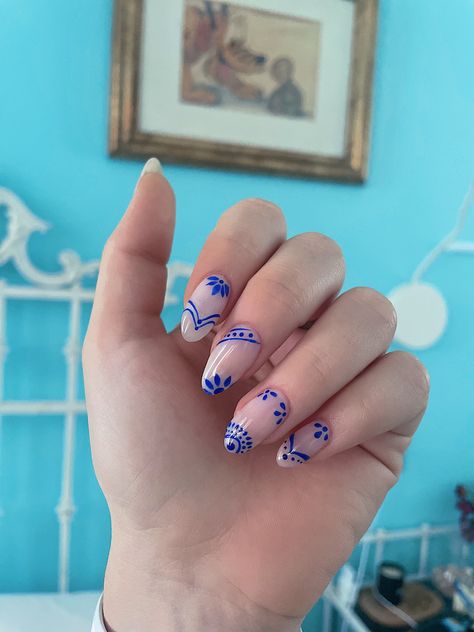 Greek Inspo Nails, Greek Island Nails, Santorini Inspired Nails, Greece Nails Square, Greek Style Nails, Europe Trip Nails, Greek Holiday Nails, Nails For Spain, Turkish Nails