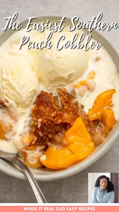 Southern Peach Cobbler - Get excited because this is the best and easiest cobbler ever! The buttery crisp topping will melt in your mouth. The texture is very similar to pie crust cobbler. It's a delicious summer dessert that can be made with fresh or canned peaches. Patti Labelle Peach Cobbler Recipe, Pie Crust Cobbler, Oven Peach Cobbler, Dutch Oven Peach Cobbler, Southern Recipes Desserts, Crisp Topping, Fresh Peach Cobbler, Southern Peach Cobbler, Patti Labelle