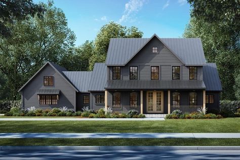 Which version of this Farmhouse Plan would you build? 🖤 or 🤍? ⁠ ⁠ Here's a peek at our brand new Farmhouse Plan #52320WM✨ This plan was… | Instagram Room With Two Windows, Vaulted Porch, Farmhouse Floor Plans, Large Foyer, Backyard Office, Roof Trusses, House Plans And More, Shed Roof, Small Porches