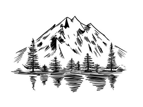 Deer Stencil, Mountain Drawing, Sketch Style, Lake Landscape, Pine Trees, Mountain Landscape, The Mountain, Rocky, Vector Art