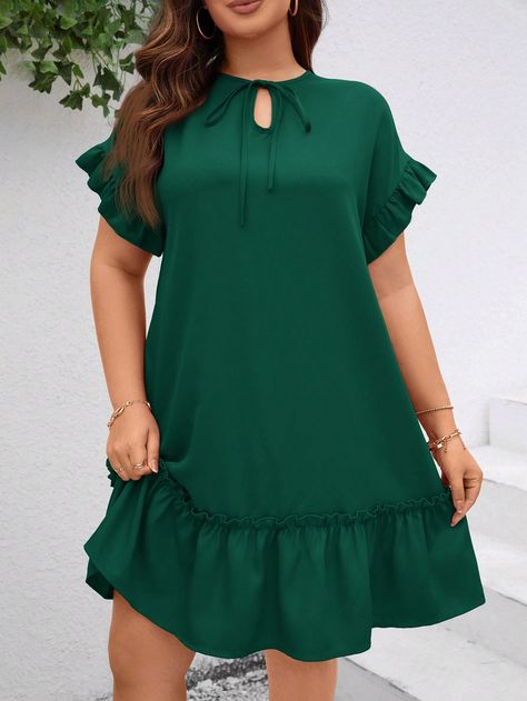 Plus Size Solid Color Ruffle Trim Vacation Casual Dress Dark Green Cute  Short Sleeve Woven Fabric Plain Smock Non-Stretch  Women Plus Clothing, size features are:Bust: ,Length: ,Sleeve Length: Simple Dress Styles, Fashion Work Outfit, Modest Dresses Fashion, Floral Print Blazer, Casual Dresses Plus Size, Short African Dresses, Simple Gowns, Green Cute, Elegant Dresses For Women