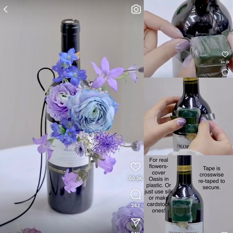 Wine Bottle Flower Arrangements, Fake Flowers Arrangements, Charcuterie Gift Box, Bottle Bouquet, Wine Bottle Flowers, 25th Wedding Anniversary Party, General Gift Ideas, Charcuterie Gifts, Flower Shop Design