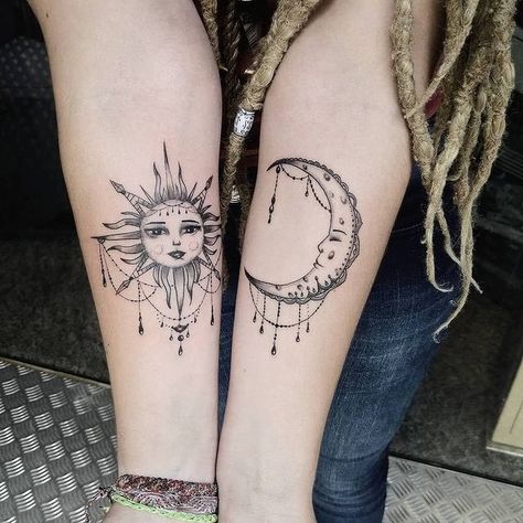 Wicked Dragon (@wickeddragonuk) • Instagram photos and videos Unique Sister Tattoos, Cute Best Friend Tattoos, Bohemian Tattoo, Earthy Tattoos, Hippie Tattoo, Boho Tattoos, Moon Tattoo Designs, Mother Tattoos, Sun Tattoos