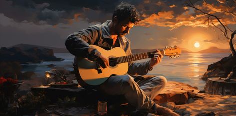 A man is playing guitar with people around a firepit at sunset Electric Guitar Playing, Laptop Wallpaper Desktop Wallpapers, Tree Saw, Cityscape Photos, Logo Banners, Firepit, Nature Backgrounds, Heart With Arrow, Laptop Wallpaper