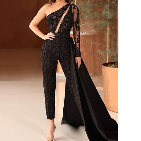 Jumpsuit With Train, Jumpsuit Prom Dress, Prom Dresses One Shoulder, Jumpsuit Prom, Prom Jumpsuit, White Lace Jumpsuit, Black Lace Jumpsuit, Detachable Skirt, African Prom Dresses