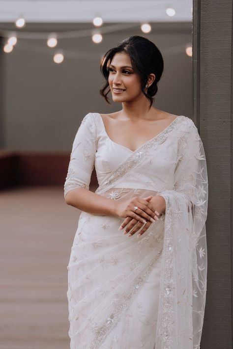 How stunning is the intricate lace and beading detail of this cultural wedding dress! Photography 📸MEO Weddings Off White Saree Wedding, Bd Hairstyles, Cultural Wedding Dress, Bramleigh Estate, Wedding Catalog, White Saree Wedding, White Saree Blouse, Christian Wedding Dress, Srilankan Wedding