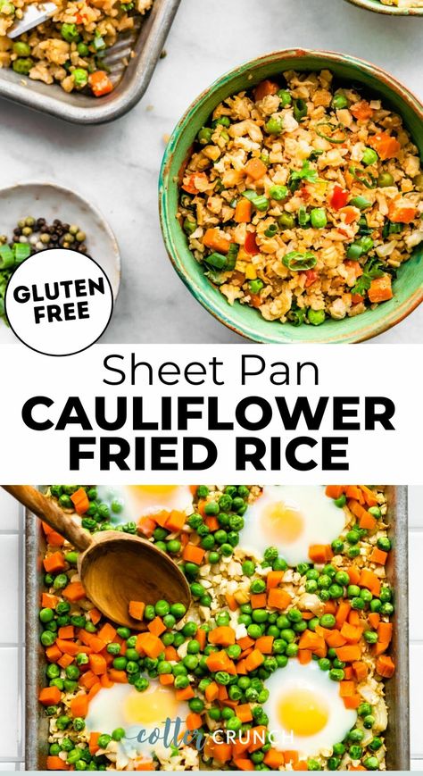 This Cauliflower Fried Rice Recipe is made with frozen vegetables, a homemade stir-fry sauce, and riced cauliflower for a savory, nutritious, gluten-free meal that’s quick and easy to make. Serve it on its own or with your favorite protein sources! Dairy-Free. Riced Califlower Recipes, Sheet Pan Cauliflower, Cauliflower Rice Stir Fry, Cotter Crunch, Homemade Stir Fry Sauce, 2024 Meals, Cauliflower Fried Rice Recipes, Gluten Free Entrees, Homemade Stir Fry