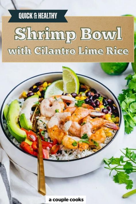 This shrimp bowl recipe gets 5 stars! An easy lunch or dinner, it stars cilantro lime rice, black beans and chipotle ranch dressing. Shrimp Bowl Recipe, Cilantro Shrimp, Shrimp Bowl, Rice Black Beans, Chipotle Ranch Dressing, Winter Salad Recipes, Salad Dressing Recipes Healthy, Chipotle Ranch, Thyme Recipes