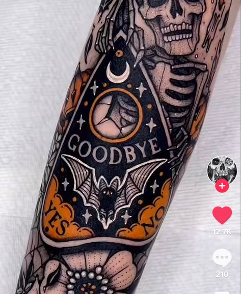 Horror Themed Leg Sleeve Tattoo, Halloween Town Tattoo Ideas, Halloween Arm Sleeve Tattoo, Halloween Planchette Tattoo, Spooky Half Sleeve Tattoo, Halloween Elbow Tattoo, Halloween Half Sleeve Tattoo, Feminine Halloween Tattoos, Spooky Knee Tattoo