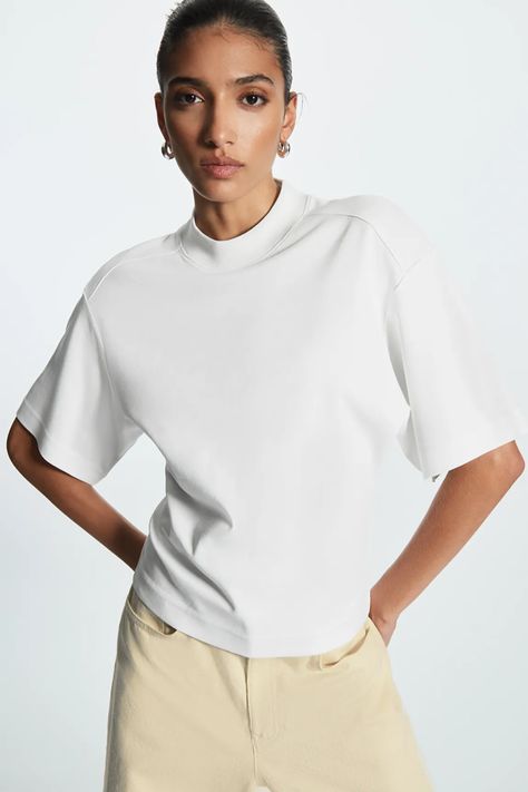 BOXY-FIT MOCK-NECK T-SHIRT - Off-white - T-shirts - COS Mock Neck Tshirt, Mock Neck And T Shirt, Led Fashion, Latest T Shirt, Basic T Shirt, T Shirt Vest, Wide Sleeves, Mom Style, Summer Dresses For Women