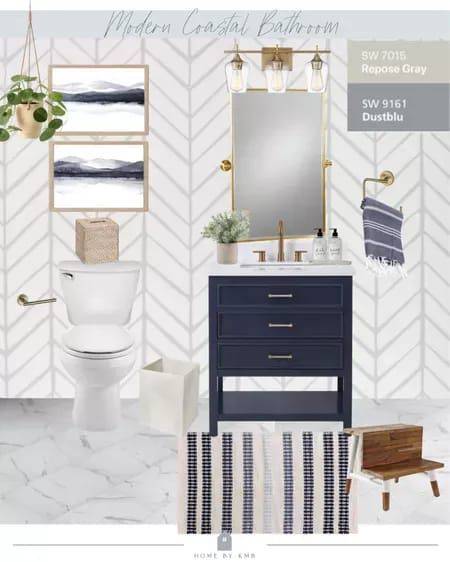 Navy Bathroom Vanity With Wallpaper, Navy And Brushed Nickel Bathroom, Navy Bathroom Vanity Wallpaper, Guest Bathroom Navy Vanity, Navy Beach Bathroom, Coastal Bathroom Blue Vanity, Powder Room With Navy Vanity, Modern Coastal Powder Room Ideas, Navy Coastal Bathroom